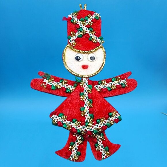 Vintage Red Felt Toy Soldier Ornaments w/ Googly Eyes & Gold Trim 1960s v4 - Picture 5 of 11